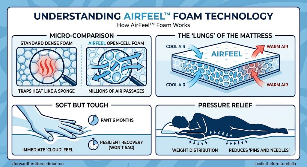Infographic explaining AirFeel Foam Technology. It shows how the open-cell structure breathes to release trapped heat, provides immediate softness without sagging over time, and relieves pressure points for side sleepers.