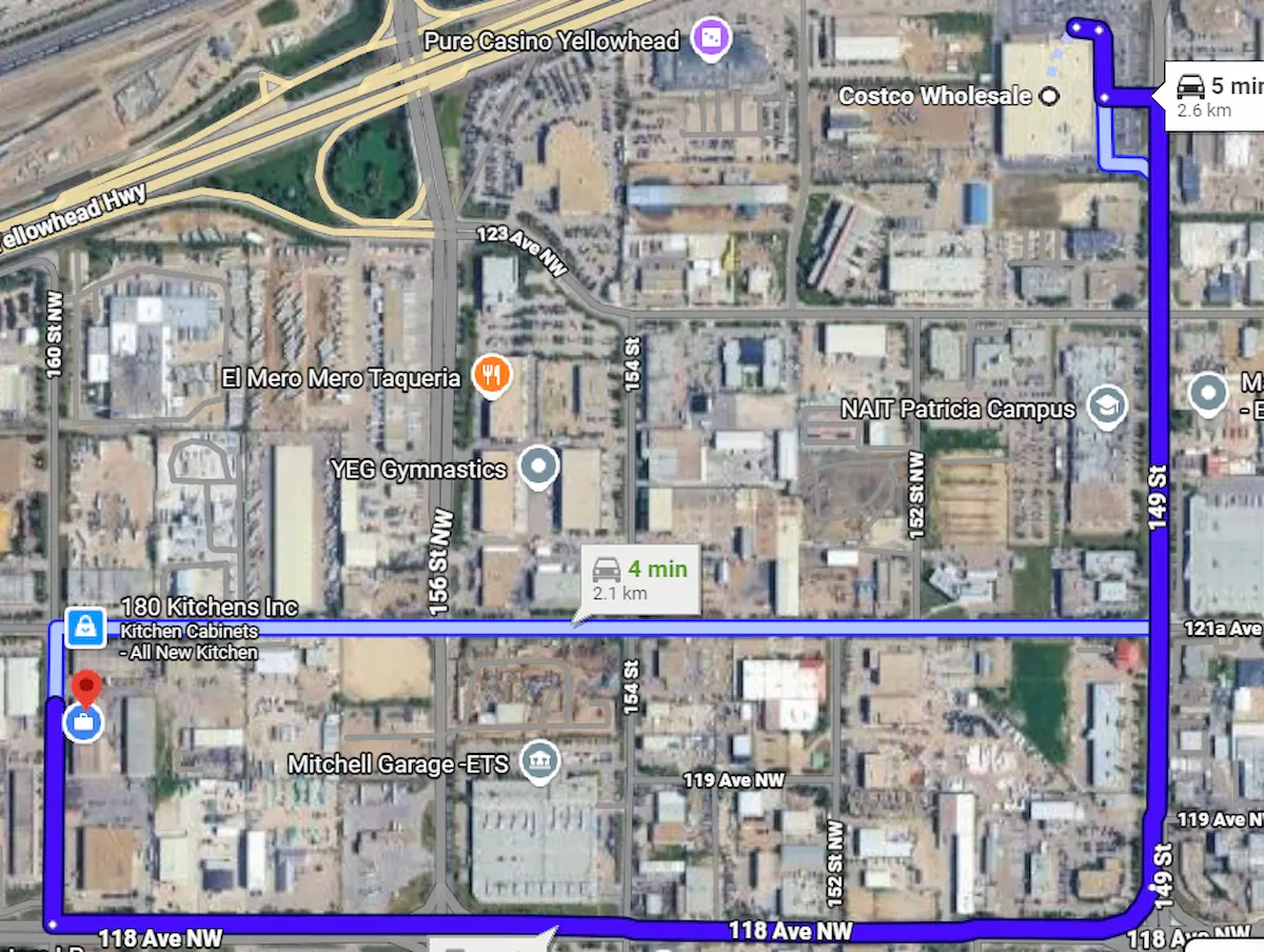 Map directions from Costco 149 Street Edmonton area to forward furniture edmonton