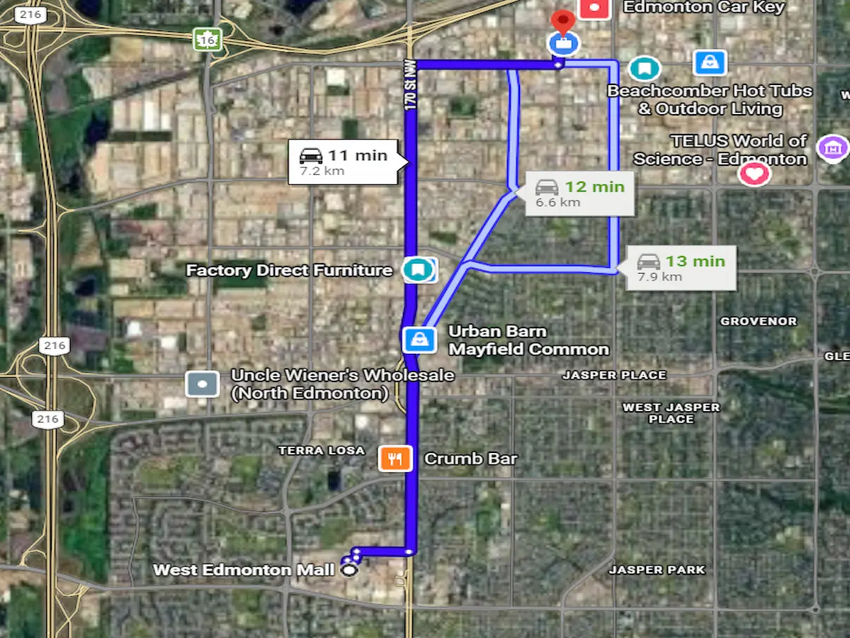 Map directions from west edmonton mall to forward furniture edmonton