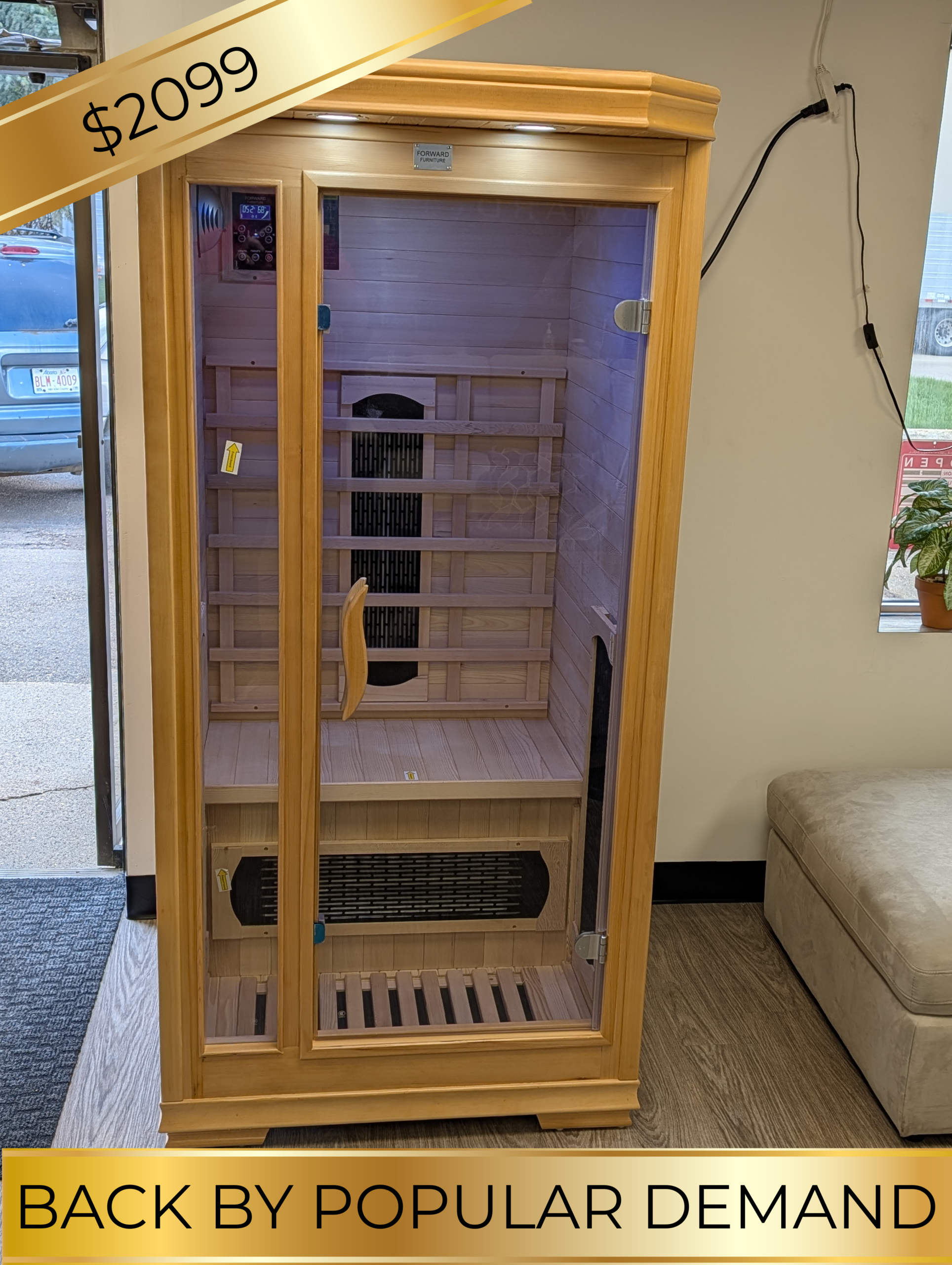 Haven Heat 1-person infrared sauna made of Canadian hemlock wood.