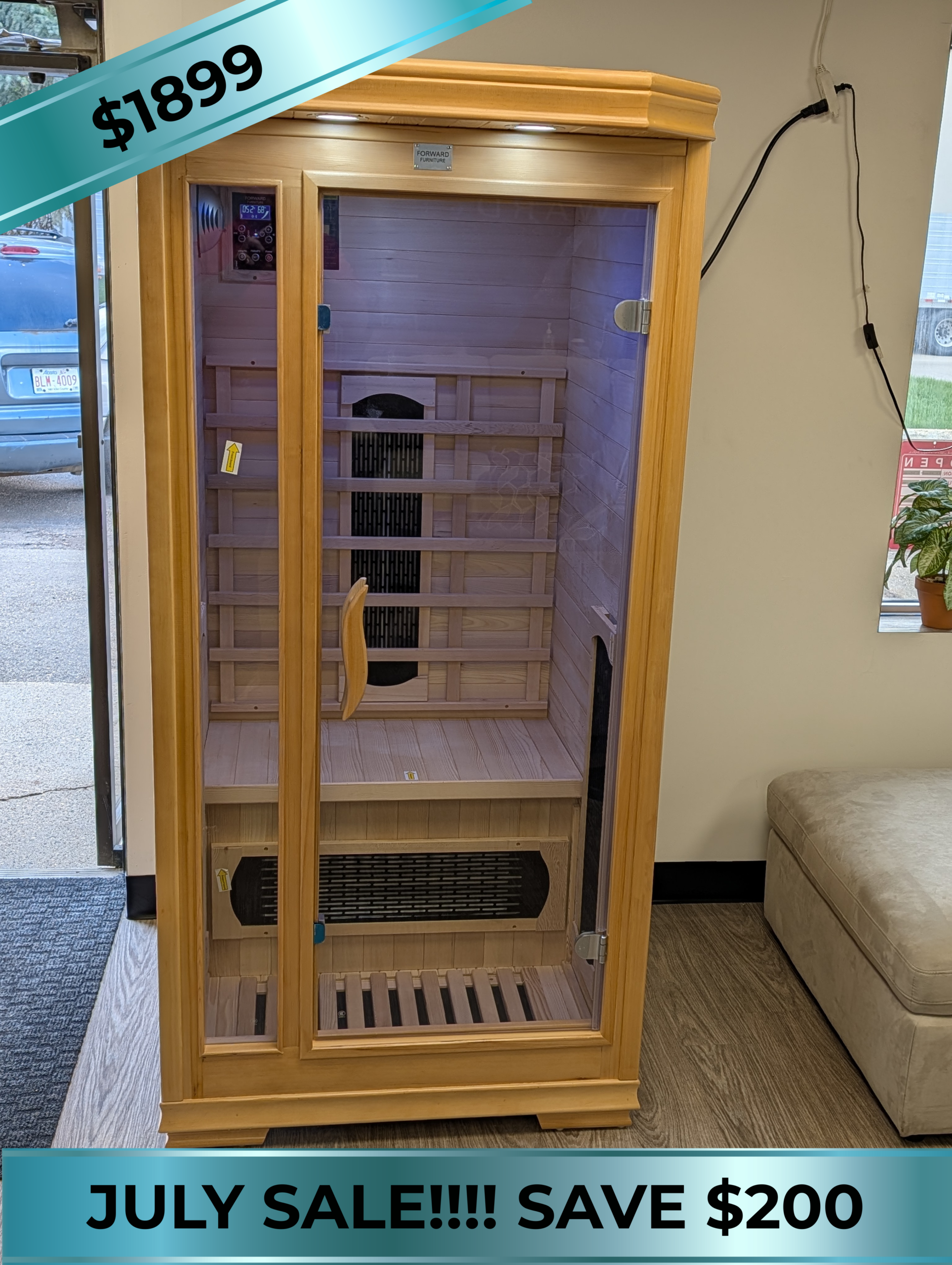 Haven Heat 1-person infrared sauna made of Canadian hemlock wood.