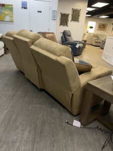 Close up of the sleek track arms and plush honey crosshatch chenille upholstery on the Ashley Kanlow sofa. #forwardfurnitureedmonton #colinthefurniturefell