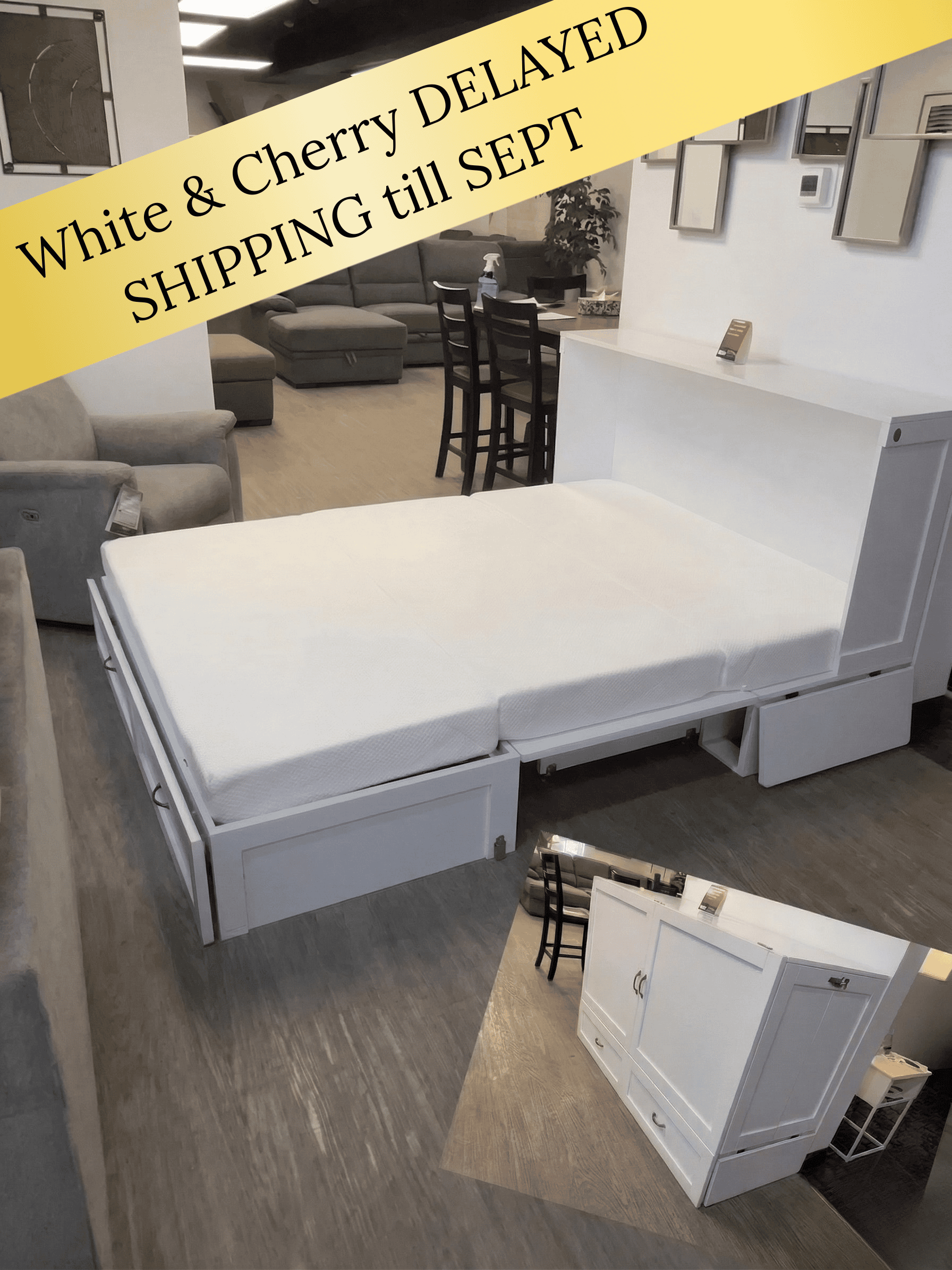 "An open Olivia cabinet bed in a solid wood finish, featuring a fold-out mattress and a bottom storage drawer."